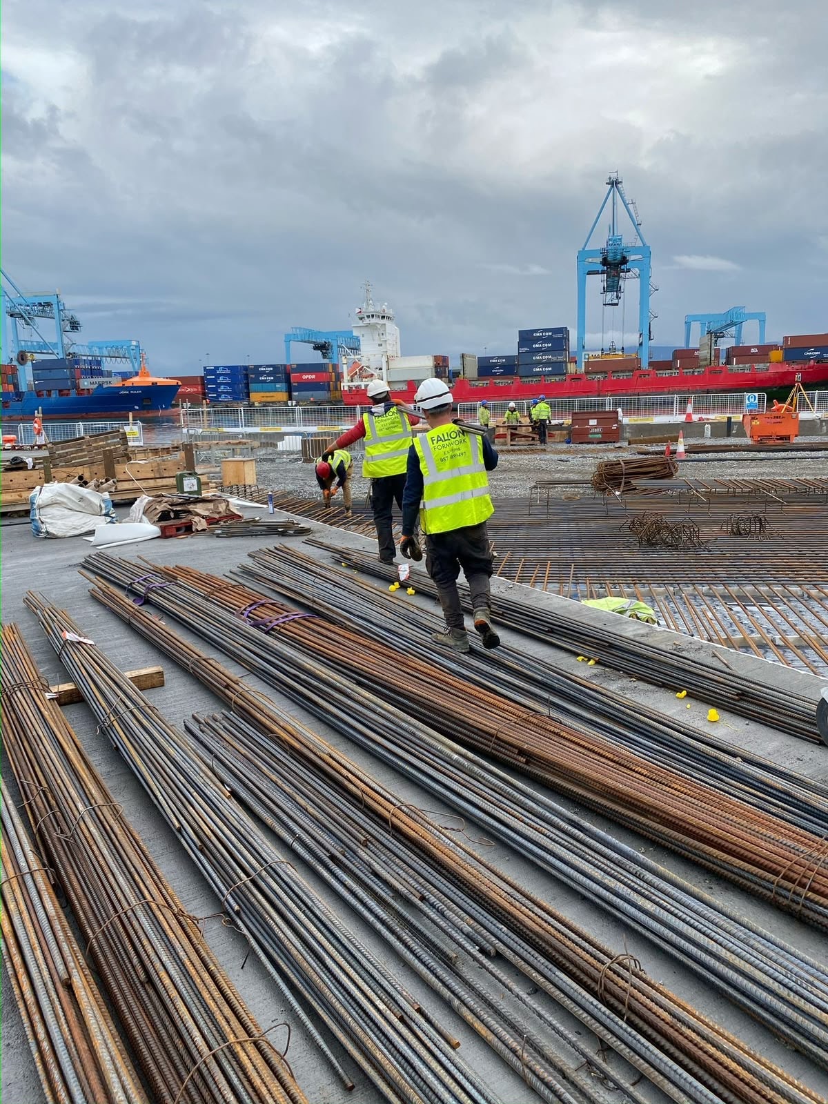 Fallon Formwork crew with steel rebar at Dublin Port